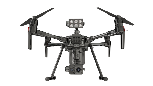 Real model of drone with powerful searchlight. Front view. Isolated on a transparent background. 3D illustration.