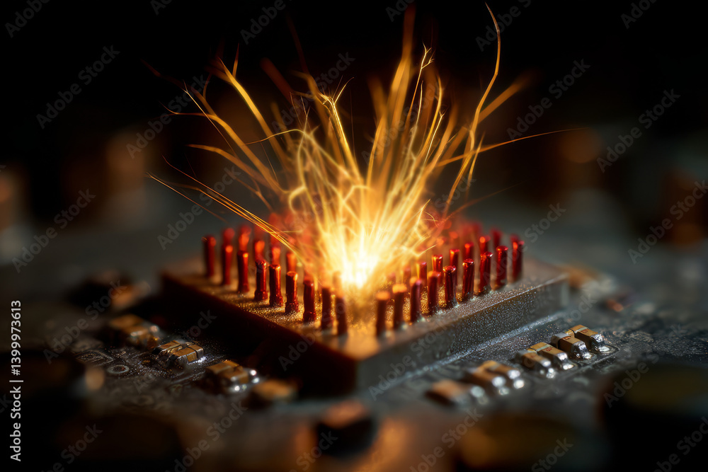 Aufkleber spark eruption from microchip with red pins in dark background capturing electronic energy