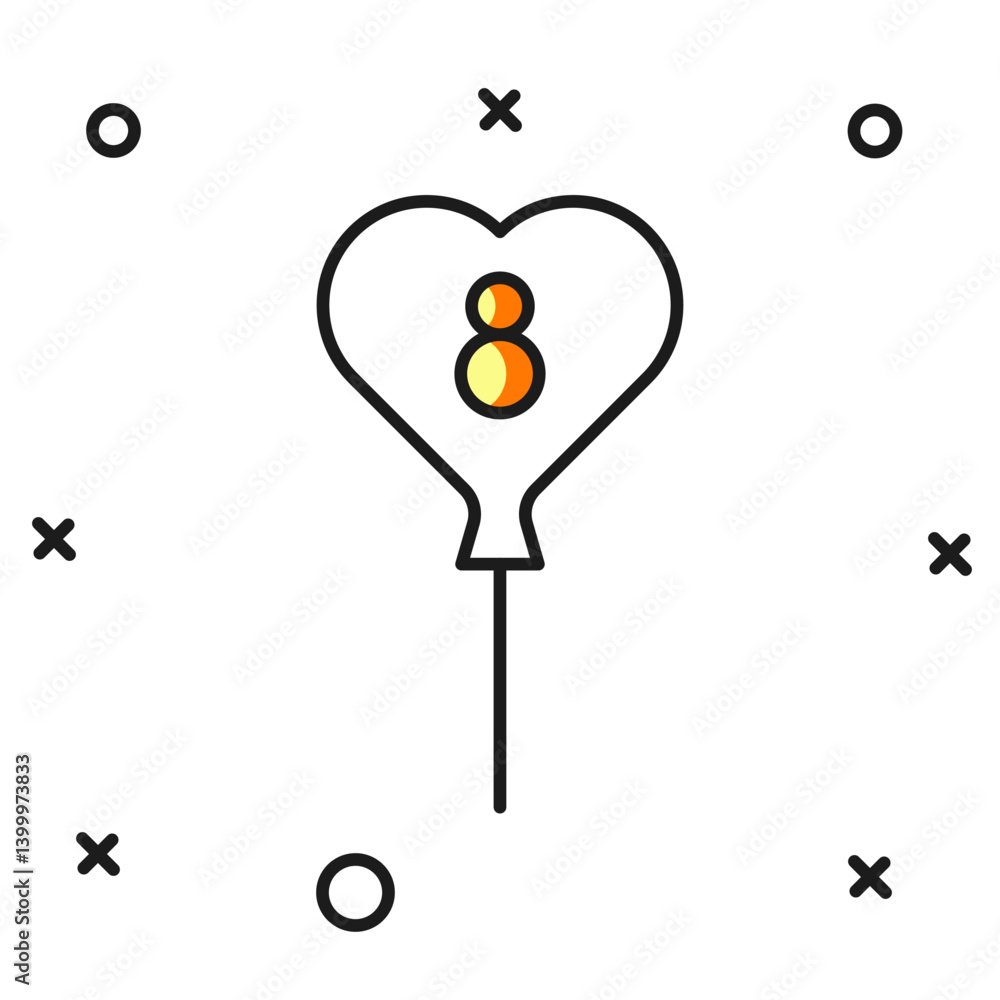 Poster filled outline balloons with 8 march icon isolated on white background. flat filled outline style wi
