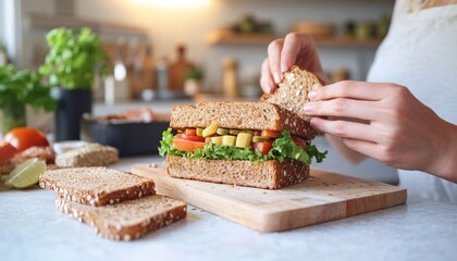 Woman making a healthy sandwich with whole wheat bread in the kitchen
