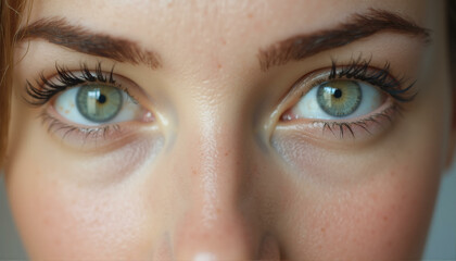 Fototapeta premium Woman eyes close up. Beautiful female face with intense gaze, expressive and engaging emotion, mysterious and alluring look. Portrait of girl with green eyes