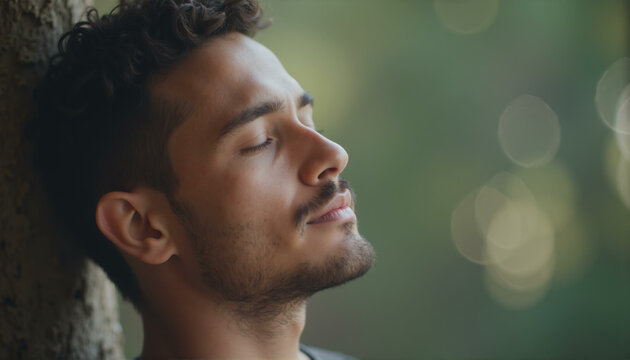Man with closed eyes. Young man resting and dreaming in forest breathing fresh air, visualizing and meditating outdoors. No stress concept. Close up