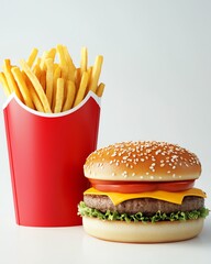 Kids  meal version of burger and fries with toy, colorful packaging, 3D illustration