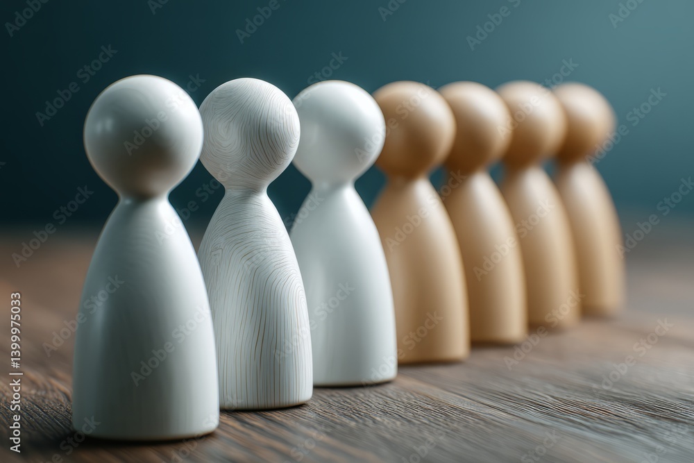 Poster wooden figurines in a simple line on a rustic wooden surface with soft background color