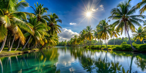 Obraz premium Coconut trees swaying over a sunlit tropical lagoon