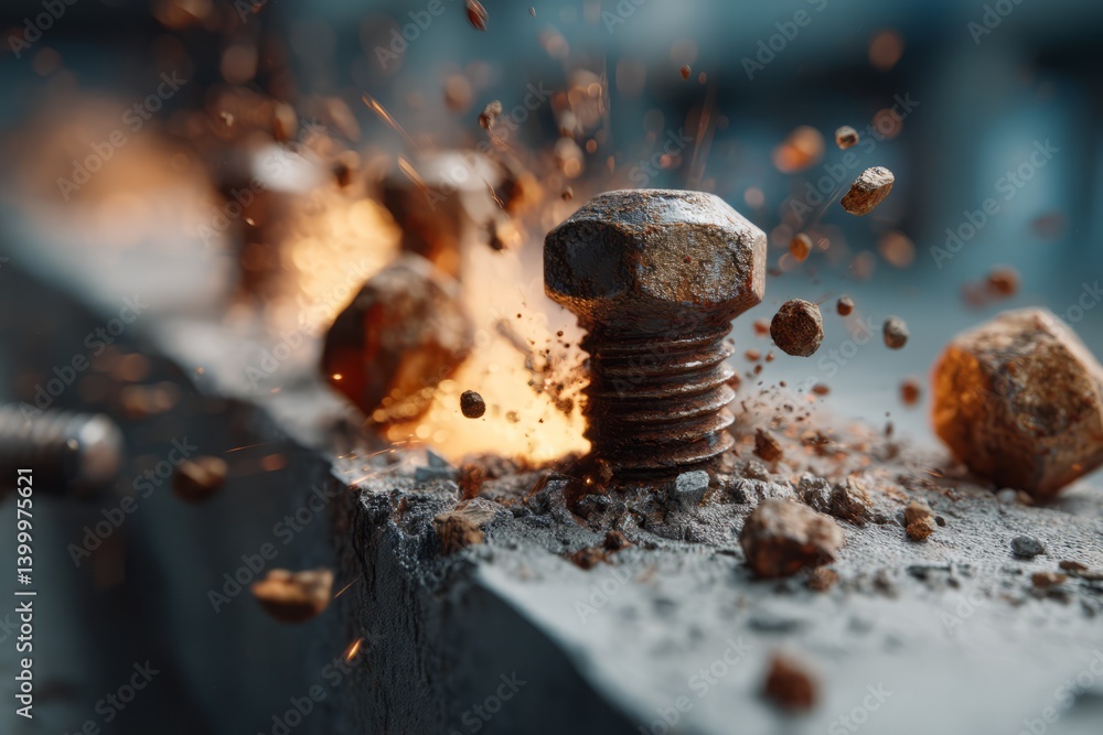 Poster close-up of rusty bolt in action with sparks and flying debris on a workbench surface