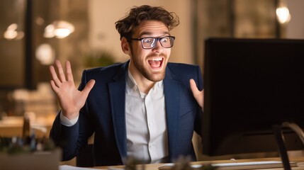 Fototapeta premium Businessman with Glasses Excited at Desktop in Night Office