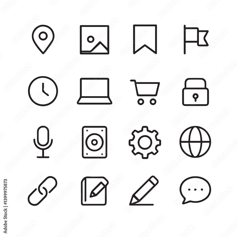 Poster digital interface icon collection: a set of elegantly drawn, monochromatic icons ideal for design co