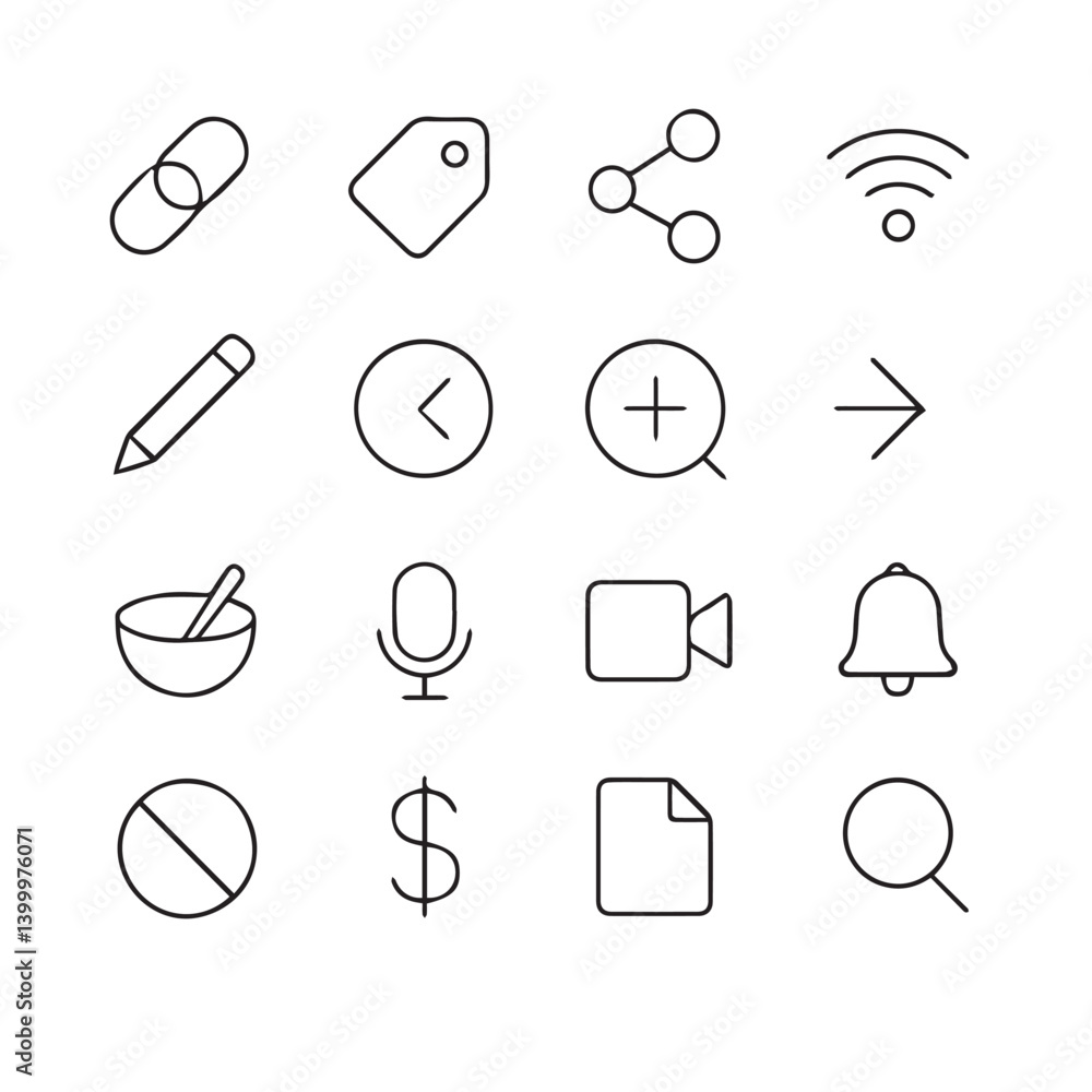 Poster minimalist icon set: a curated collection of sleek, simple icons, each representing essential digita