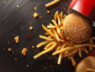 Flat lay of messy fast food with fries spilling out, realistic lifestyle scene