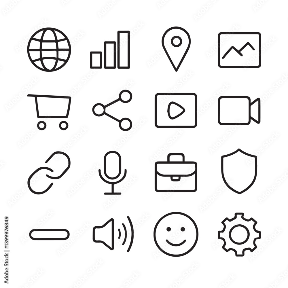 Poster digital icon array: a visually clean collection of digital icons, meticulously crafted to represent 