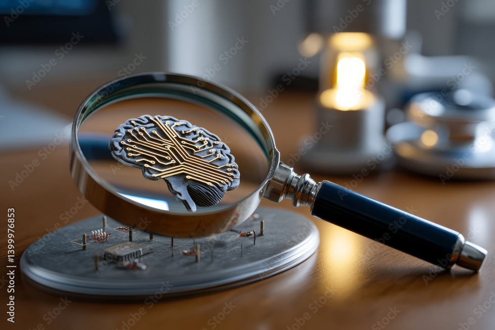 Poster magnifying glass focuses on brain design symbolizing technology and artificial intelligence concepts