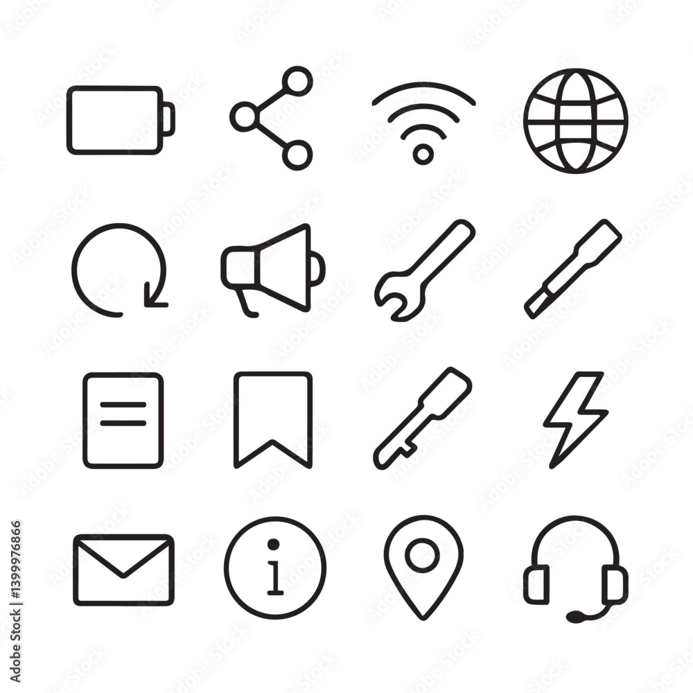 Poster Digital Interface Icons: A diverse collection of digital interface icons, meticulously crafted to provide clear visual representation of functions and features.
