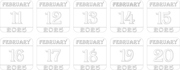 February 2025 calendar line art icon set .Agenda plan, feb month schedule calendar and Time planner.Meeting appointment time.Calendar Event schedule date.calendar date icon on white background.