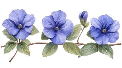 Delicate Watercolor Illustration of Vibrant Blue Flowers and Foliage