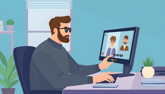 Bearded Man in Virtual Meeting on Desktop Computer in Modern Home Office