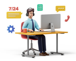 A man with headphones at a desk, working on a laptop, symbolizing customer support and communication. 3D rendering, conceptual image. Isolated on white background.