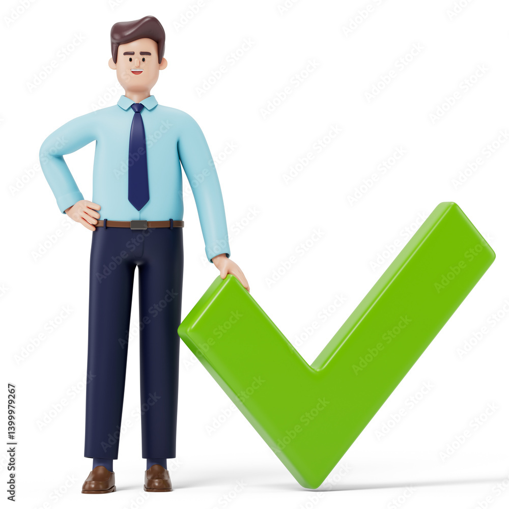 Poster a man stands confidently next to a large checkmark, symbolizing success and approval. 3d rendering, 