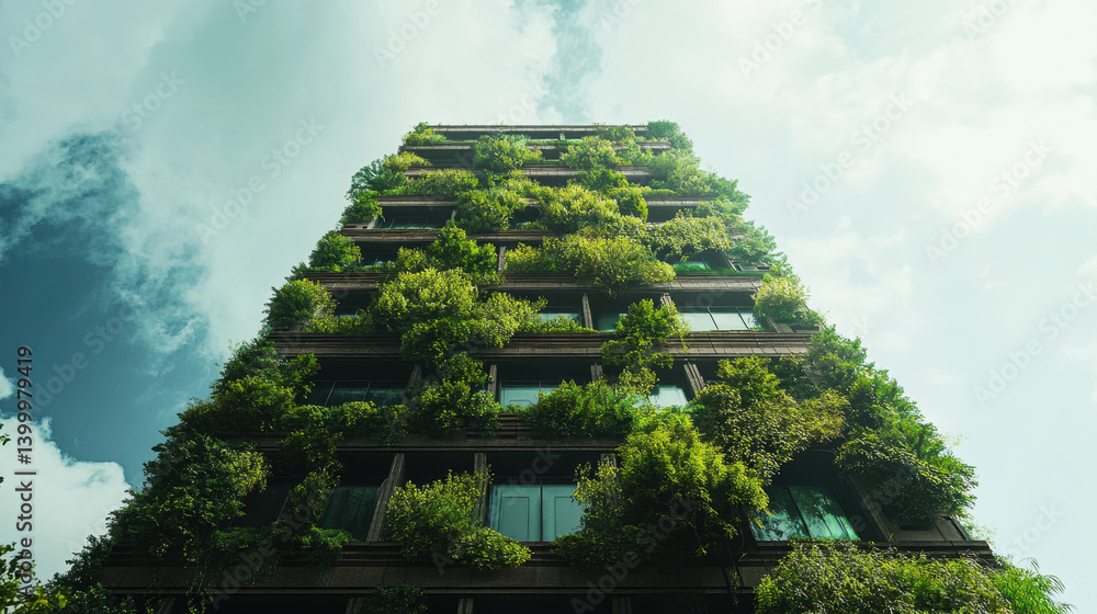 Poster stunning example of green architecture, this futuristic eco friendly skyscraper is adorned with lush