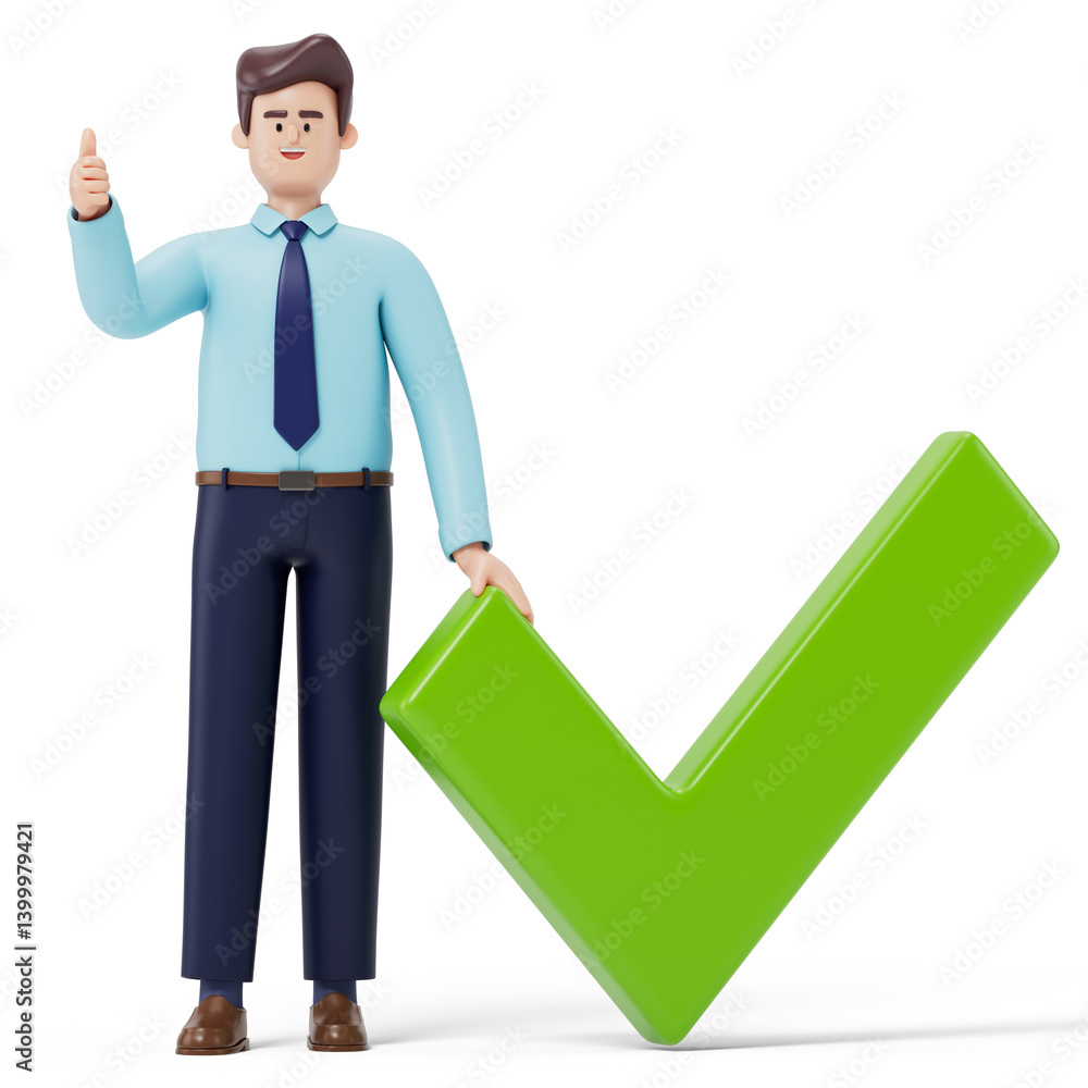 Aufkleber a man stands with a thumbs-up gesture next to a large checkmark, symbolizing approval and success. 3