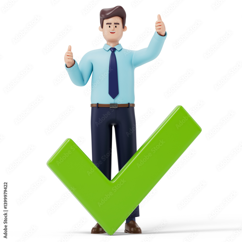 Aufkleber a man stands with a thumbs-up gesture next to a large checkmark, symbolizing approval and success. 3