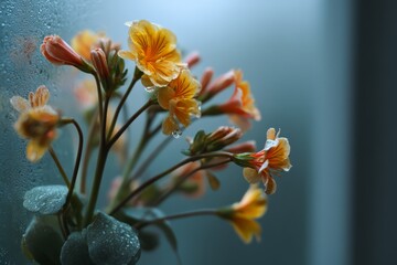 Fototapeta premium Delicate Yellow Flowers with Raindrops Against a Soft Blue Background