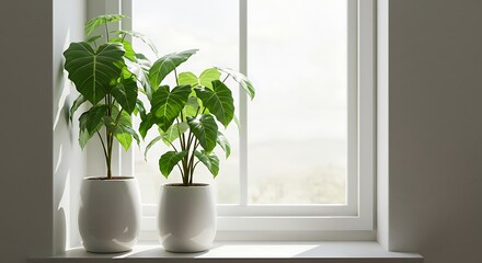 Fototapeta premium Sunlight Dappled: Two Plants in White Pots AI Generated