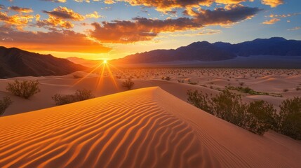 Fototapeta premium Beautiful desert landscape displays sunset over rippled sand dunes