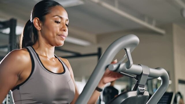 Focused latina woman exercising on treadmill at gym