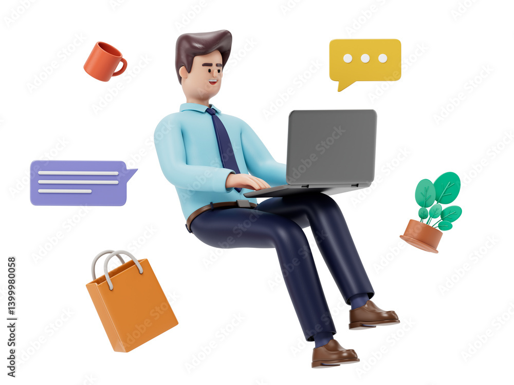 Poster a man sits with a laptop, surrounded by floating icons, symbolizing multitasking and digital lifesty