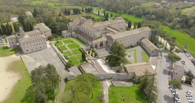 Aerial view of Casamari Abbey located near Frosinone, Lazio, Italy. It is a Cistercian abbey, example of early Italian Gothic architecture in the Burgundian style. It was declared a National Monument.