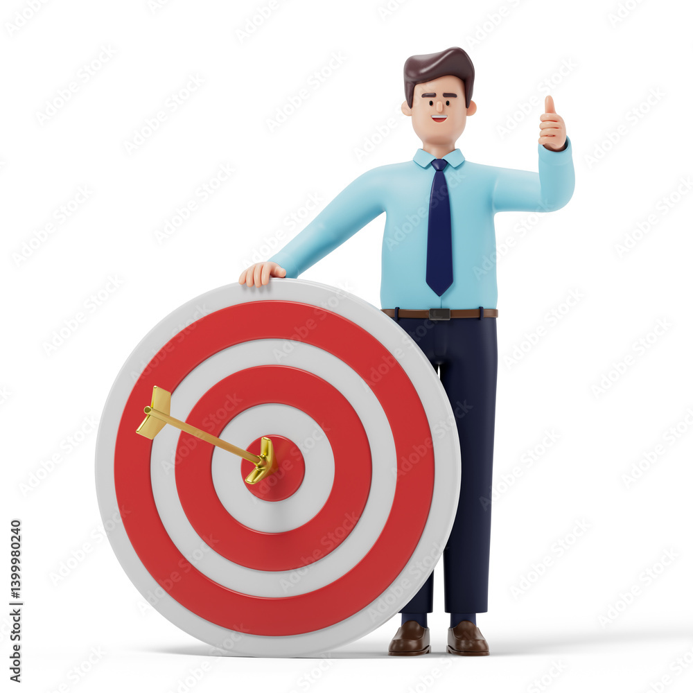 Poster a man holds a target with an arrow in the center, symbolizing achievement and precision. 3d renderin