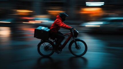 Courier riding an electric bike through urban streets at night showing fast-paced urban lifestyle.