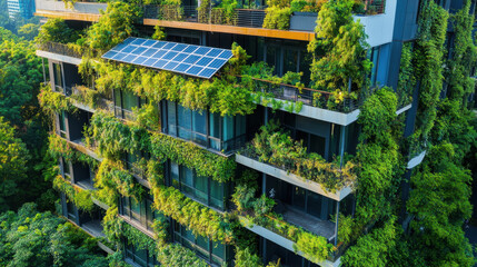 Green architecture features smart home with solar panels and lush greenery, showcasing sustainable living. building integrates nature, promoting eco friendliness and energy efficiency