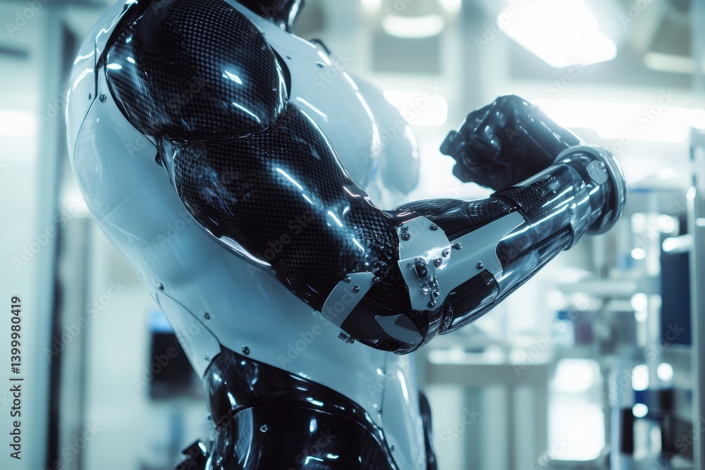 Poster advanced humanoid robot showcasing impressive arm strength in high-tech laboratory setting