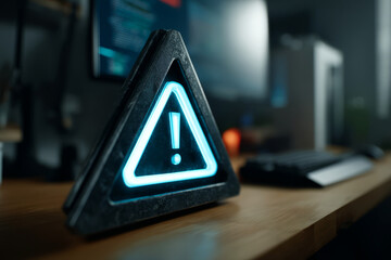 Illuminated Warning Sign on Desk in Modern Office Setting with Technology Background