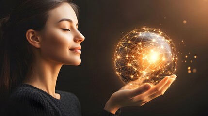 Naklejka premium Woman s Hands Gently Holding Glowing Digital World Network Connection Global Technology Concept
