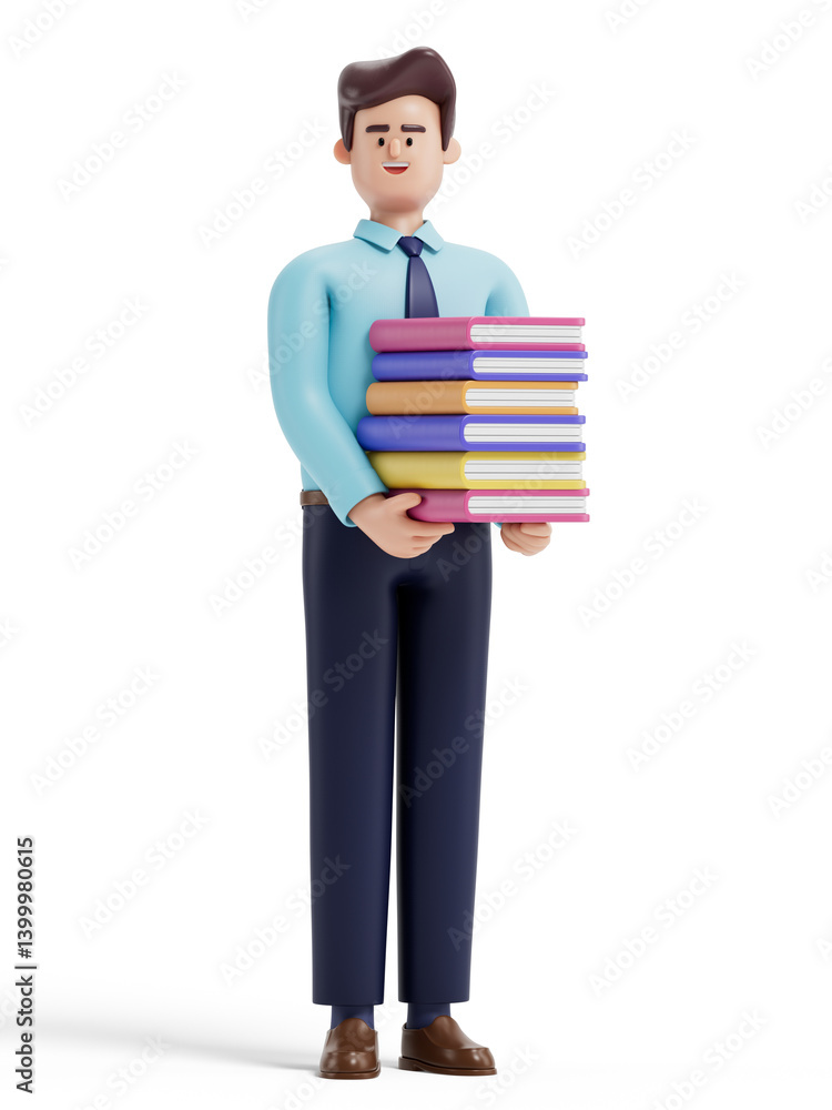 Poster a man holds a stack of colorful books, symbolizing knowledge and education. 3d rendering, conceptual