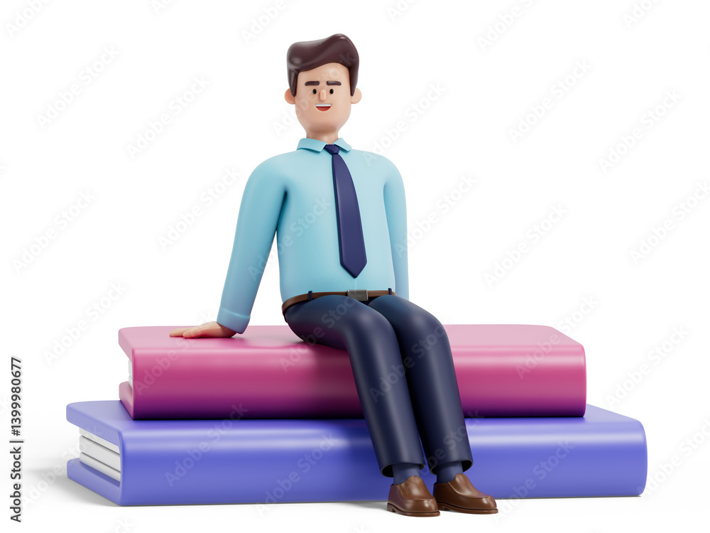 Poster a man sits atop books, symbolizing wisdom and learning. 3d rendering, conceptual image. isolated on 