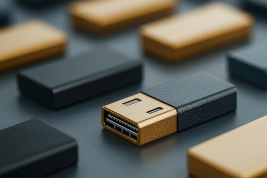 Stylish USB Flash Drive in Focus Surrounded by Sleek Black and Gold Storage Devices