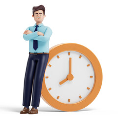 A man stands next to a large clock, symbolizing the concept of time management. 3D rendering, conceptual image. Isolated on white background.
