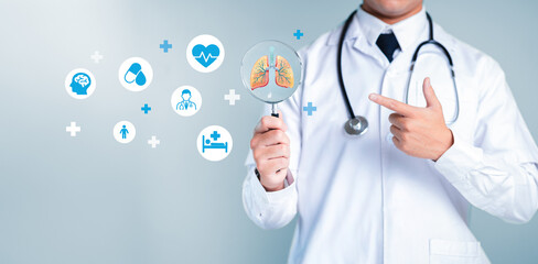 Doctor Holding Magnifying Glass with Healthcare Icons and Symbols
