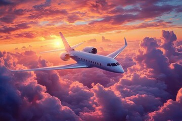Fototapeta premium As sun began to set on a warm summer evening- airplane soared majestically through vibrant- cotton candy-colored clouds- offering a breathtaking aerial view of world below- with promise of adventure