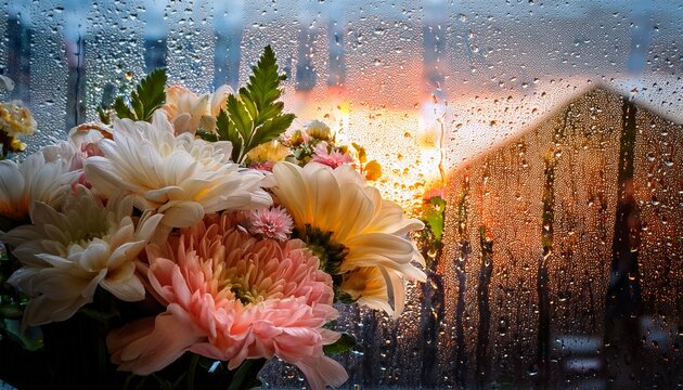 Blumenstilleben mit Tropfen auf Fensterscheibe &ndash; drau&szlig;en regnet es