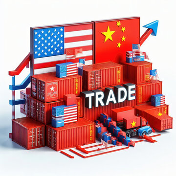 Container with the flags of the USA and China. &ldquo;TRADE&rdquo; symbolizes customs duties.