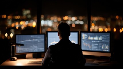 Obraz premium Person at Desk with Three Monitors Displaying Data, Night Cityscape
