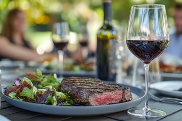 Grilled steak dinner with red wine outdoors