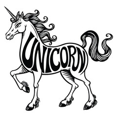 Elegant Unicorn Black and White Typography Illustration Design with Unicorn's Silhouette

