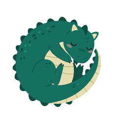 Cozy Green Dragon: A charming illustration of a friendly, sleeping dragon curled up, depicting the calmness of a mythical creature in a gentle embrace.
