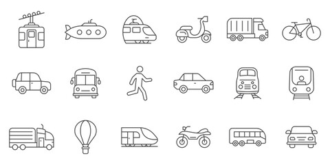 Transport icons set in line stroke flat style. Transportation vector illustration on isolated background. Vehicle sign business concept.
